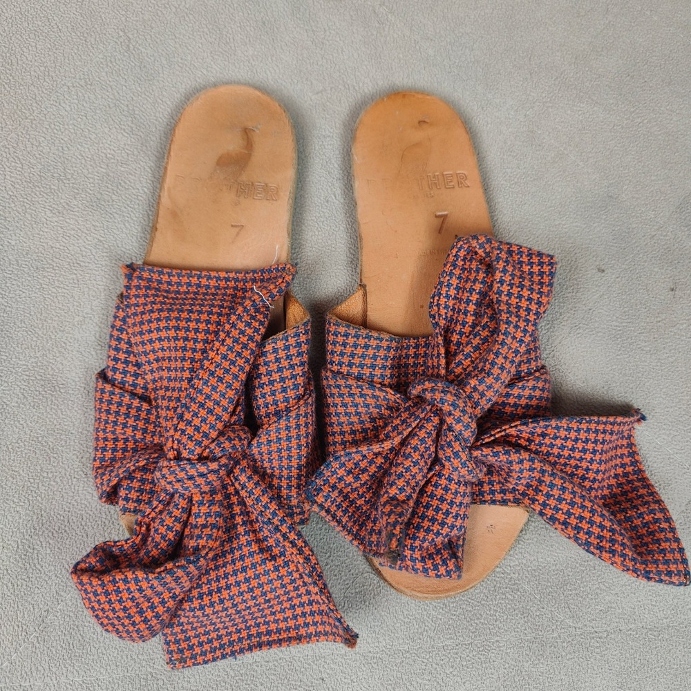 Brother Vellies Burkina Sandals Womens‎ 7 Slides Orange Blue Houndstooth Bow - Picture 3 of 6